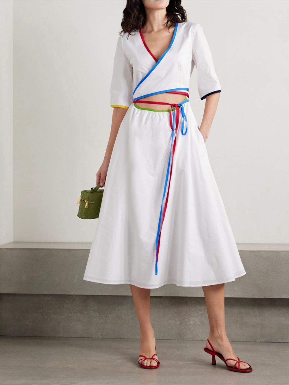Rosie Assoulin White One-Shoulder Midi Dress with Multicolor Trim